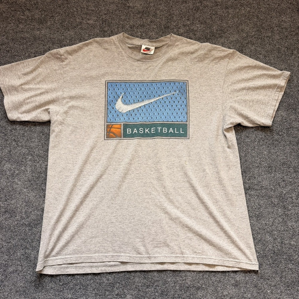 Vintage 1996 Nike Basketball T-Shirt Center Swoosh Gray Mens Large